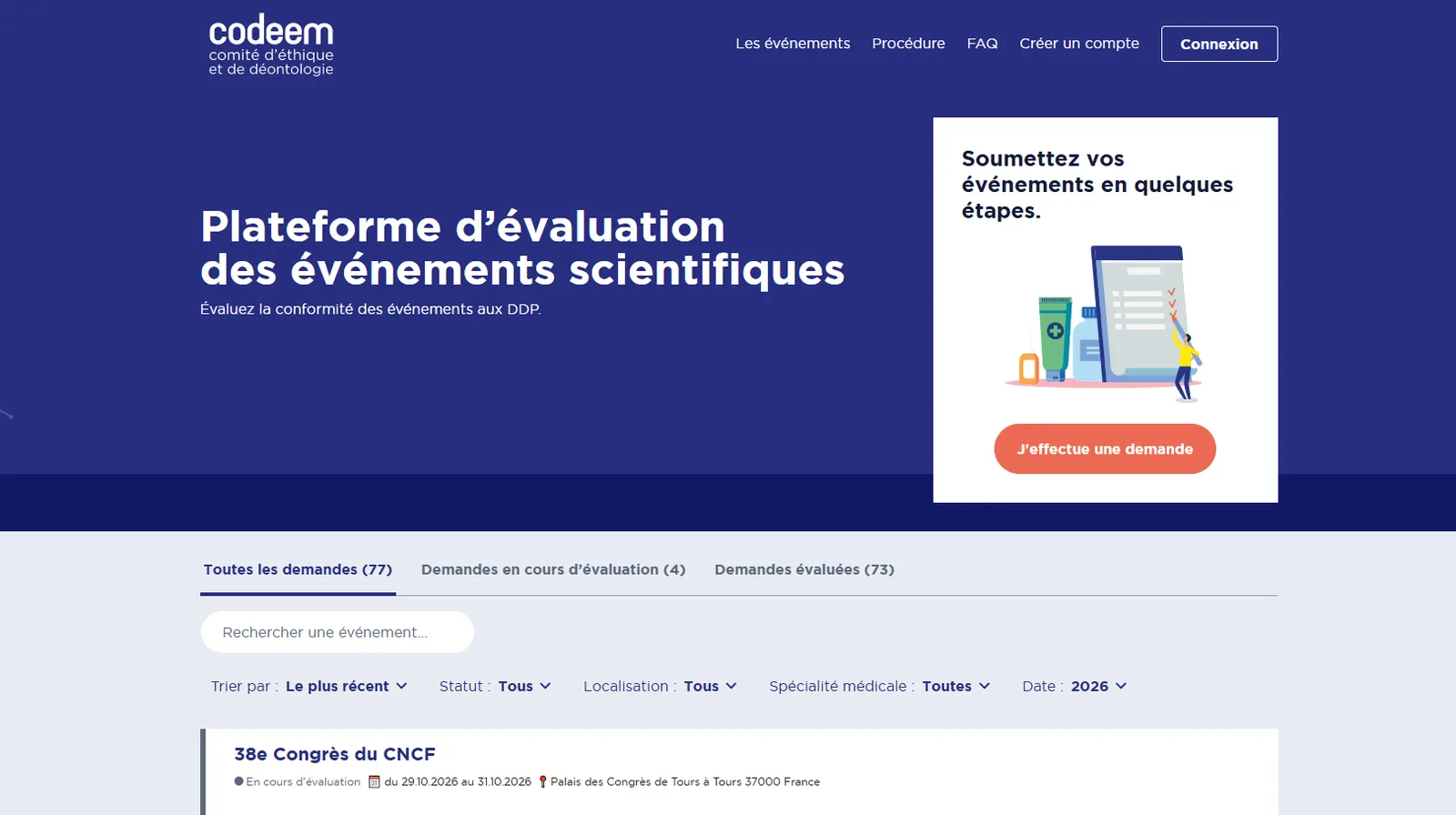 Page d'accueil publique de CODEEM : plateforme d'évaluation des événements scientifiques, avec la liste des demandes et leurs statuts de conformité